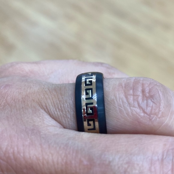 8mm Men Women Tungsten Ring Black Yellow IP plated Dome Greek Key Inlay - Picture 3 of 8